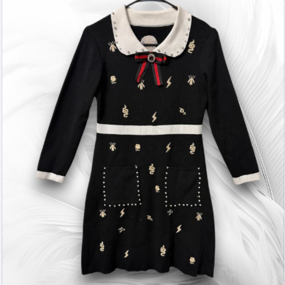 Black Knit Dress with Embroidery & Pearl Collar – Preppy Style Size: S